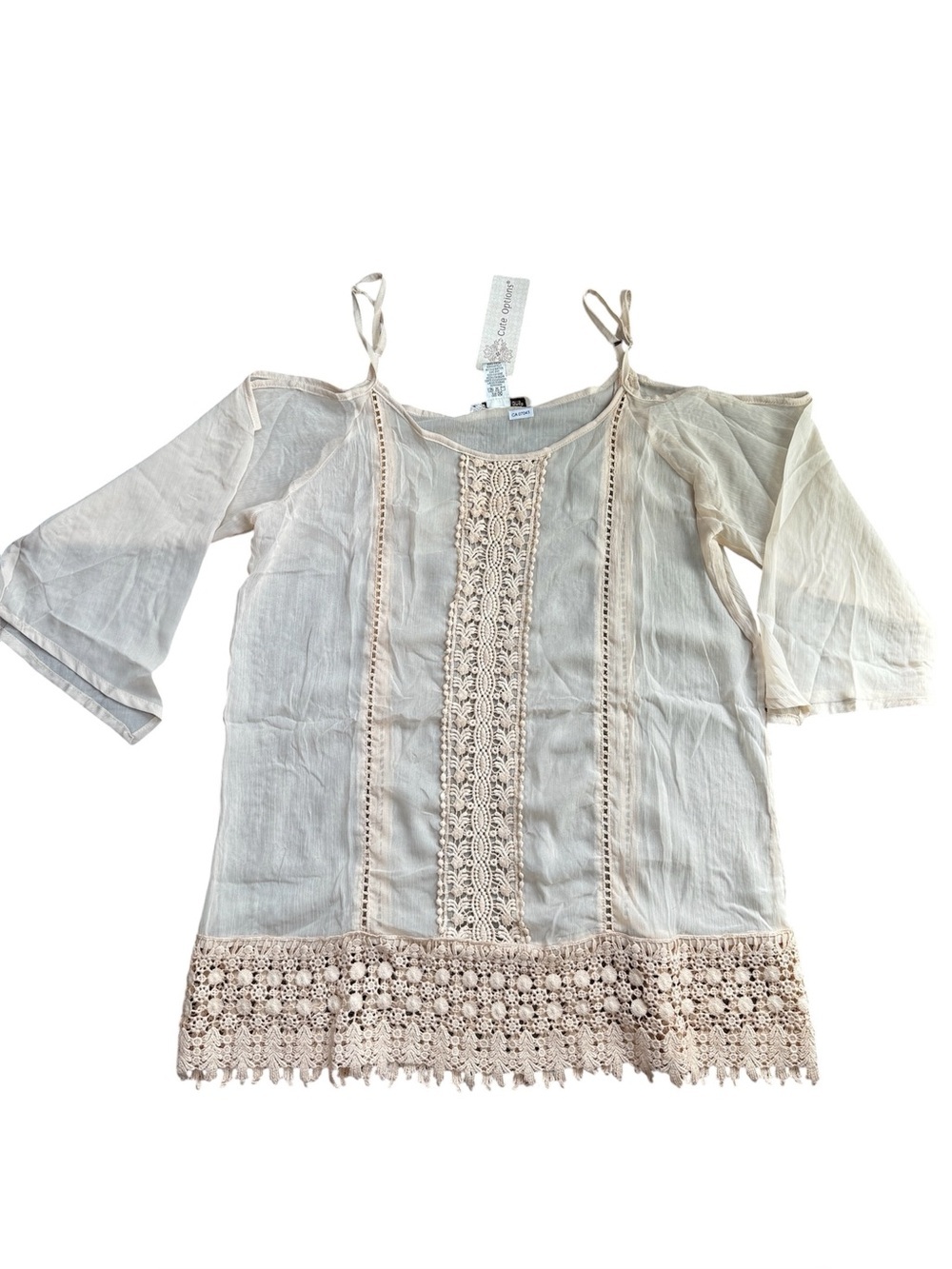 Cute Options Boho Crochet -Trim Cold-Shoulder Blouse in Cream size Large NWT